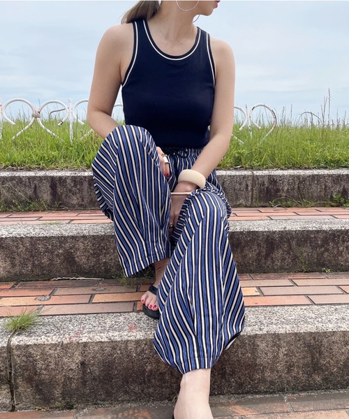 ISOOK（アイスー）の「ストライプワイドパンツ(comochi select) / イージーパンツ リラックスパンツ タック入り ビックシルエット ルーズ ハイウエスト ウエストゴム 柄パンツ ブルー 青（その他パンツ・レディース・ブルー・FREE）」の5枚目の写真