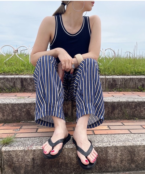 ISOOK（アイスー）の「ストライプワイドパンツ(comochi select) / イージーパンツ リラックスパンツ タック入り ビックシルエット ルーズ ハイウエスト ウエストゴム 柄パンツ ブルー 青（その他パンツ・レディース・ブルー・FREE）」の7枚目の写真