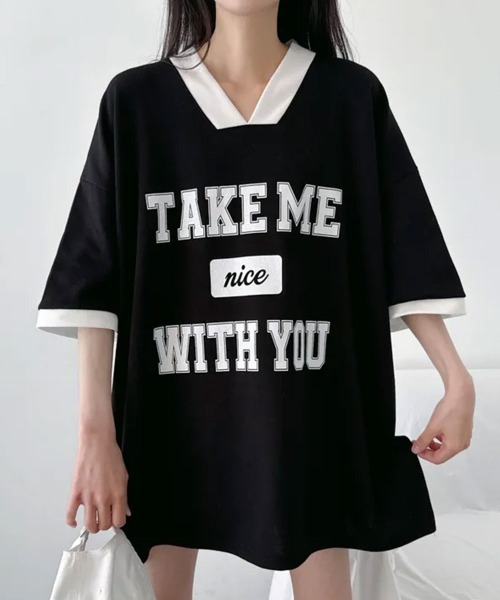 NANAHACHI(ナナハチ)の「バイカラーVネック半袖トレーナー(Tシャツ/カットソー・レディース・ブラック/ライトグレー/ワイン・FREE)」の4枚目の写真