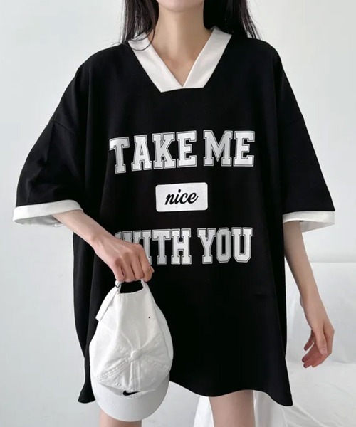 NANAHACHI(ナナハチ)の「バイカラーVネック半袖トレーナー(Tシャツ/カットソー・レディース・ブラック/ライトグレー/ワイン・FREE)」の5枚目の写真