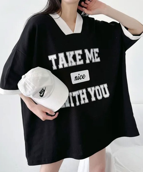 NANAHACHI(ナナハチ)の「バイカラーVネック半袖トレーナー(Tシャツ/カットソー・レディース・ブラック/ライトグレー/ワイン・FREE)」の6枚目の写真