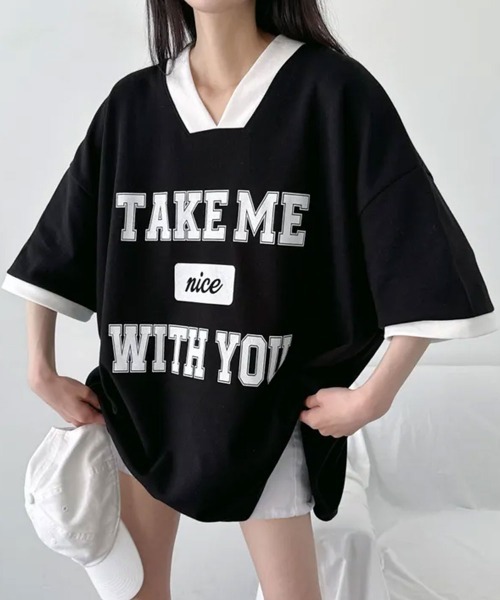NANAHACHI(ナナハチ)の「バイカラーVネック半袖トレーナー(Tシャツ/カットソー・レディース・ブラック/ライトグレー/ワイン・FREE)」の7枚目の写真