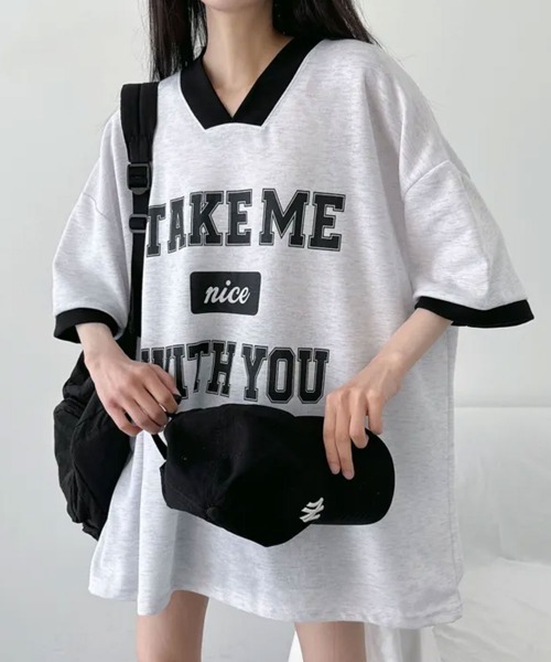 NANAHACHI(ナナハチ)の「バイカラーVネック半袖トレーナー(Tシャツ/カットソー・レディース・ブラック/ライトグレー/ワイン・FREE)」の9枚目の写真