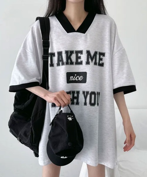 NANAHACHI(ナナハチ)の「バイカラーVネック半袖トレーナー(Tシャツ/カットソー・レディース・ブラック/ライトグレー/ワイン・FREE)」の10枚目の写真