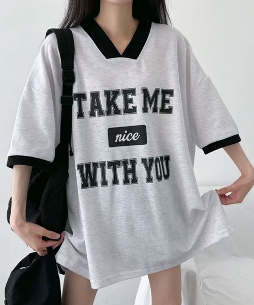 NANAHACHI(ナナハチ)の「バイカラーVネック半袖トレーナー(Tシャツ/カットソー・レディース・ブラック/ライトグレー/ワイン・FREE)」の11枚目の写真