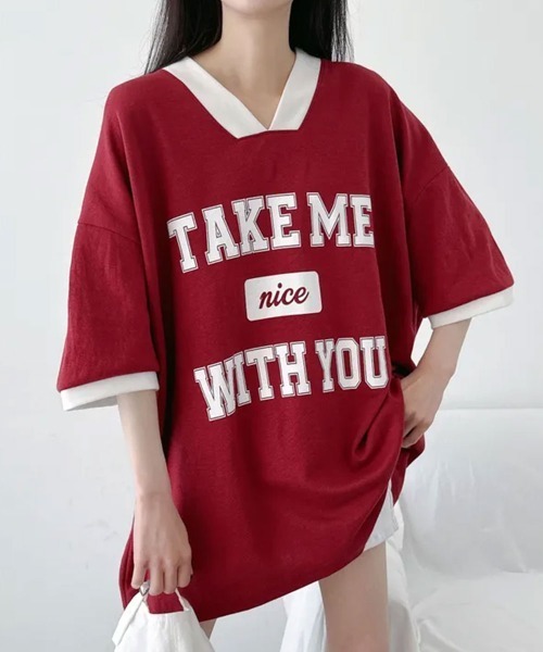 NANAHACHI(ナナハチ)の「バイカラーVネック半袖トレーナー(Tシャツ/カットソー・レディース・ブラック/ライトグレー/ワイン・FREE)」の13枚目の写真