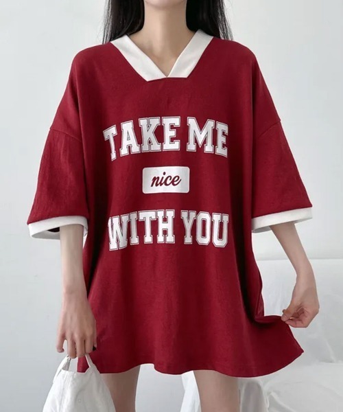 NANAHACHI(ナナハチ)の「バイカラーVネック半袖トレーナー(Tシャツ/カットソー・レディース・ブラック/ライトグレー/ワイン・FREE)」の14枚目の写真
