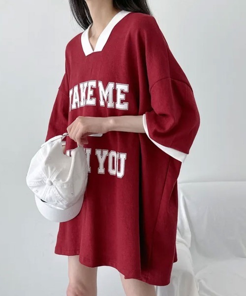 NANAHACHI(ナナハチ)の「バイカラーVネック半袖トレーナー(Tシャツ/カットソー・レディース・ブラック/ライトグレー/ワイン・FREE)」の15枚目の写真