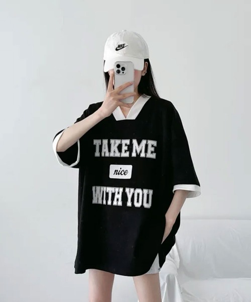 NANAHACHI(ナナハチ)の「バイカラーVネック半袖トレーナー(Tシャツ/カットソー・レディース・ブラック/ライトグレー/ワイン・FREE)」の19枚目の写真
