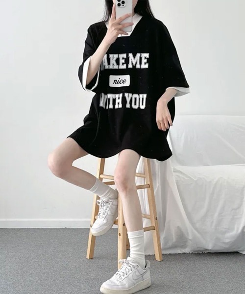 NANAHACHI(ナナハチ)の「バイカラーVネック半袖トレーナー(Tシャツ/カットソー・レディース・ブラック/ライトグレー/ワイン・FREE)」の17枚目の写真