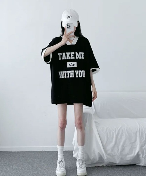 NANAHACHI(ナナハチ)の「バイカラーVネック半袖トレーナー(Tシャツ/カットソー・レディース・ブラック/ライトグレー/ワイン・FREE)」の18枚目の写真