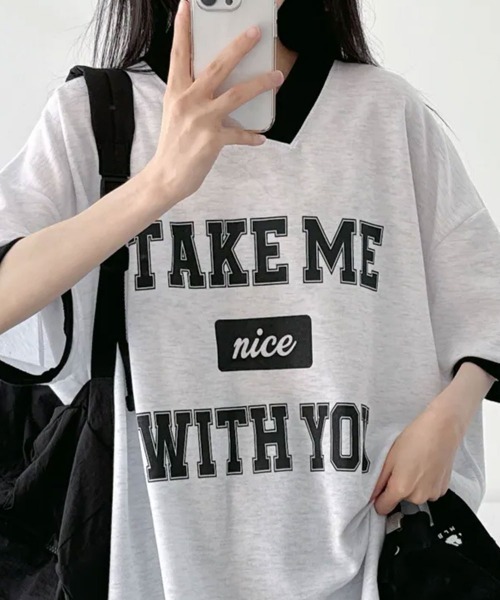 NANAHACHI(ナナハチ)の「バイカラーVネック半袖トレーナー(Tシャツ/カットソー・レディース・ブラック/ライトグレー/ワイン・FREE)」の21枚目の写真