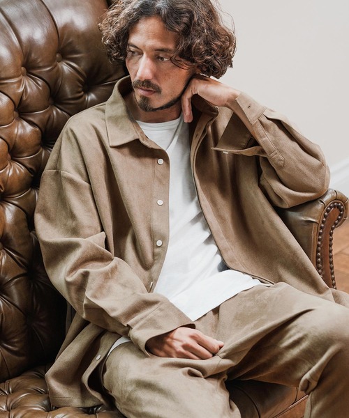 Magine(マージン)の「ms6176-Suede Ponte Fly Front Knit Shirt シャツ(シャツ/ブラウス・メンズ・チャコール/ベージュ/ブラック・48/46/44)」の1枚目の写真