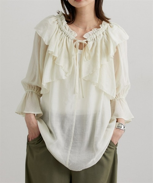 nissen(ニッセン)の「シアーワッシャーラッフルブラウス(シャツ/ブラウス・レディース・ベージュ/ブラウン・M/L)」の2枚目の写真