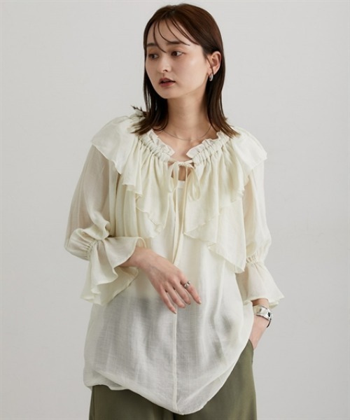 nissen(ニッセン)の「シアーワッシャーラッフルブラウス(シャツ/ブラウス・レディース・ベージュ/ブラウン・M/L)」の6枚目の写真