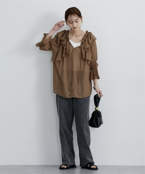 nissen(ニッセン)の「シアーワッシャーラッフルブラウス(シャツ/ブラウス・レディース・ベージュ/ブラウン・M/L)」の5枚目の写真