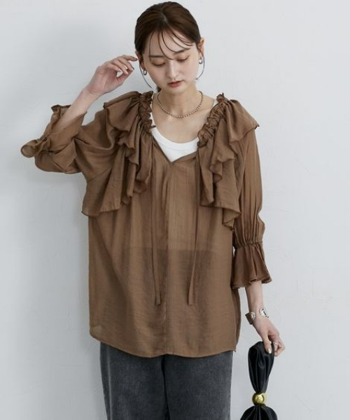 nissen(ニッセン)の「シアーワッシャーラッフルブラウス(シャツ/ブラウス・レディース・ベージュ/ブラウン・M/L)」の3枚目の写真