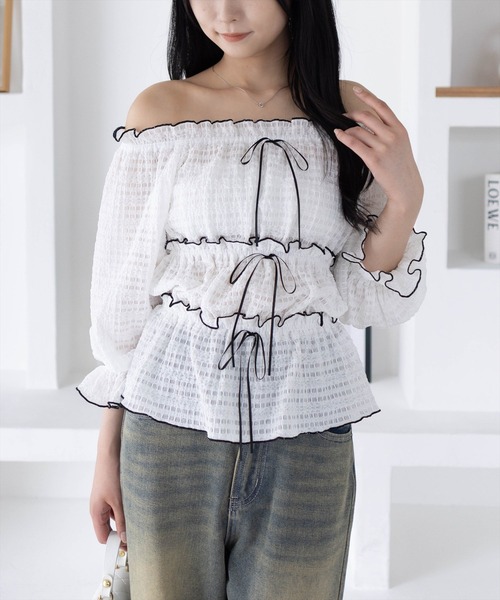 clear（クリア）の「2wayリボン付きメロウレース七分袖トップス[バレエコア ガーリー]≪AW新作≫（シャツ/ブラウス・レディース・オフホワイト/ブラック/ホワイト系その他/ブラウン・F）」の2枚目の写真