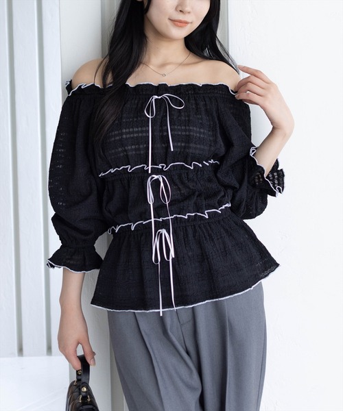 clear（クリア）の「2wayリボン付きメロウレース七分袖トップス[バレエコア ガーリー]≪AW新作≫（シャツ/ブラウス・レディース・オフホワイト/ブラック/ホワイト系その他/ブラウン・F）」の3枚目の写真