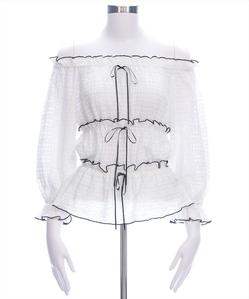 clear（クリア）の「2wayリボン付きメロウレース七分袖トップス[バレエコア ガーリー]≪AW新作≫（シャツ/ブラウス・レディース・オフホワイト/ブラック/ホワイト系その他/ブラウン・F）」の7枚目の写真