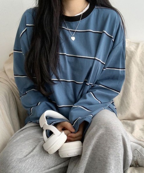 SHEPP(シープ)の「配色マルチボーダービッグシルエットロンT(Tシャツ/カットソー・レディース・アイボリー/ブルー・L/M)」の2枚目の写真