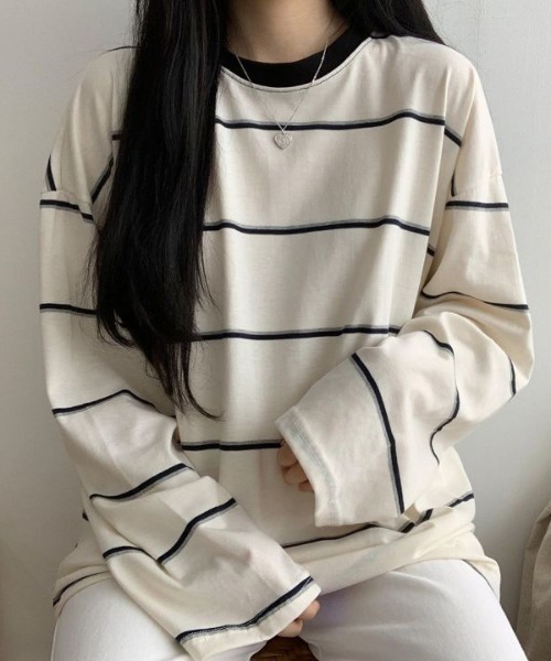 SHEPP(シープ)の「配色マルチボーダービッグシルエットロンT(Tシャツ/カットソー・レディース・アイボリー/ブルー・L/M)」の3枚目の写真