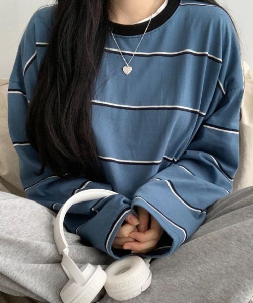 SHEPP(シープ)の「配色マルチボーダービッグシルエットロンT(Tシャツ/カットソー・レディース・アイボリー/ブルー・L/M)」の6枚目の写真