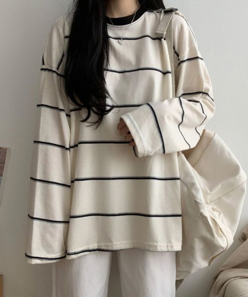 SHEPP(シープ)の「配色マルチボーダービッグシルエットロンT(Tシャツ/カットソー・レディース・アイボリー/ブルー・L/M)」の16枚目の写真