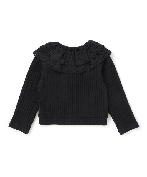 BeBe Petits Pois Vert(ベベプチポワヴェール)の「なわ編みニット襟フリルカーディガン(カーディガン/ボレロ・キッズ・ブラック/オフホワイト・100cm/110cm/120cm/150cm/130cm/140cm)」の3枚目の写真