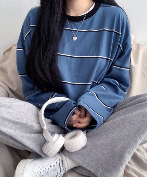 VIBGYOR（ヴィブジョー）の「オーバーサイズ ボーダー ロンT／長袖カットソー(CZ)（Tシャツ/カットソー・レディース・ホワイト/ブルー・MEDIUM/LARGE）」の3枚目の写真