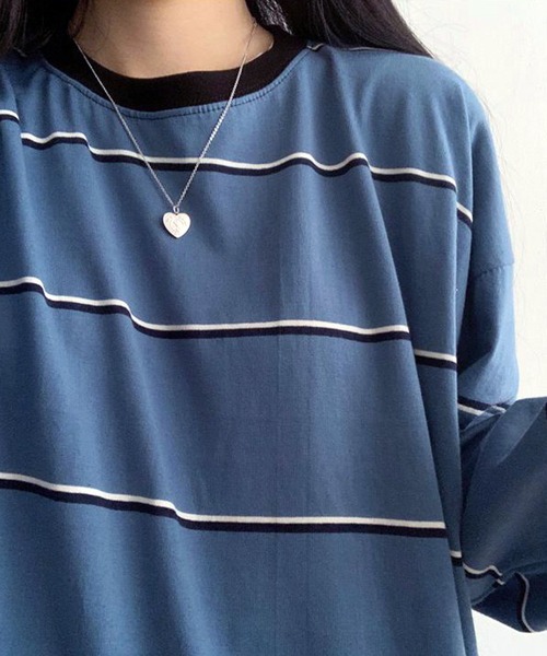 VIBGYOR（ヴィブジョー）の「オーバーサイズ ボーダー ロンT／長袖カットソー(CZ)（Tシャツ/カットソー・レディース・ホワイト/ブルー・MEDIUM/LARGE）」の5枚目の写真