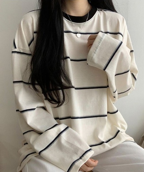 VIBGYOR（ヴィブジョー）の「オーバーサイズ ボーダー ロンT／長袖カットソー(CZ)（Tシャツ/カットソー・レディース・ホワイト/ブルー・MEDIUM/LARGE）」の8枚目の写真