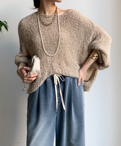 DouDou ドゥドゥ リボンヤーンフェザープルオーバー ベージュ リボンヤーンフェザープルオーバー（ニット/セーター）｜DouDou