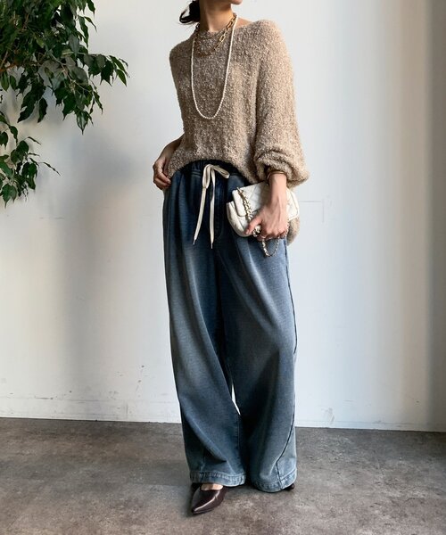 DouDou ドゥドゥ リボンヤーンフェザープルオーバー ベージュ リボンヤーンフェザープルオーバー（ニット/セーター）｜DouDou