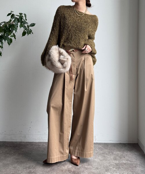 DouDou ドゥドゥ リボンヤーンフェザープルオーバー ベージュ リボンヤーンフェザープルオーバー（ニット/セーター）｜DouDou