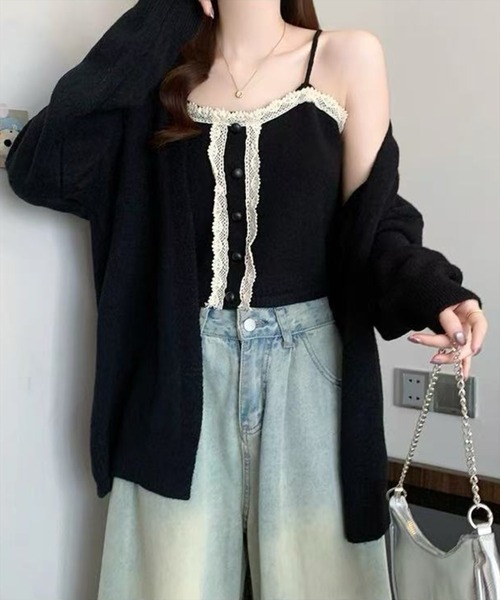 STAY MOTION（ステイモーション）の「【WEB限定】ニットカーディガン+レースキャミアンサンブル［韓国ファッション ガーリー］（カーディガン/ボレロ・レディース・ブラック/アイボリー/グレー・F）」の3枚目の写真