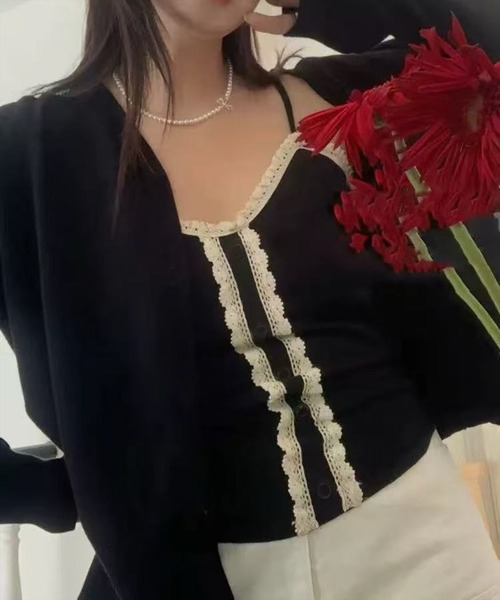 STAY MOTION（ステイモーション）の「【WEB限定】ニットカーディガン+レースキャミアンサンブル［韓国ファッション ガーリー］（カーディガン/ボレロ・レディース・ブラック/アイボリー/グレー・F）」の7枚目の写真