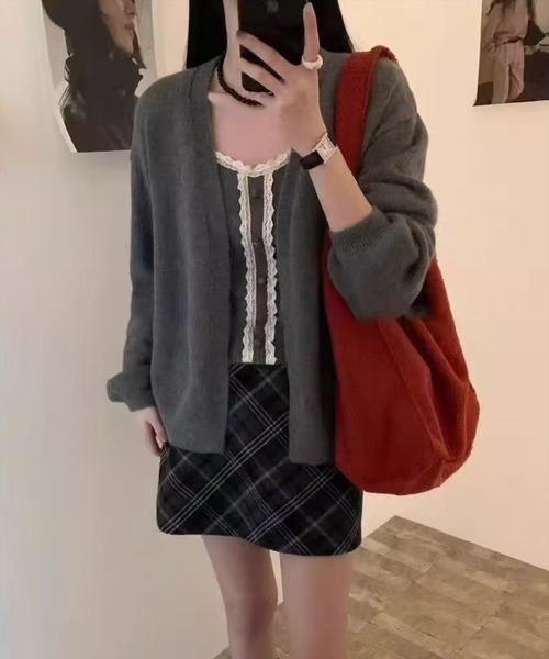 STAY MOTION（ステイモーション）の「【WEB限定】ニットカーディガン+レースキャミアンサンブル［韓国ファッション ガーリー］（カーディガン/ボレロ・レディース・ブラック/アイボリー/グレー・F）」の6枚目の写真