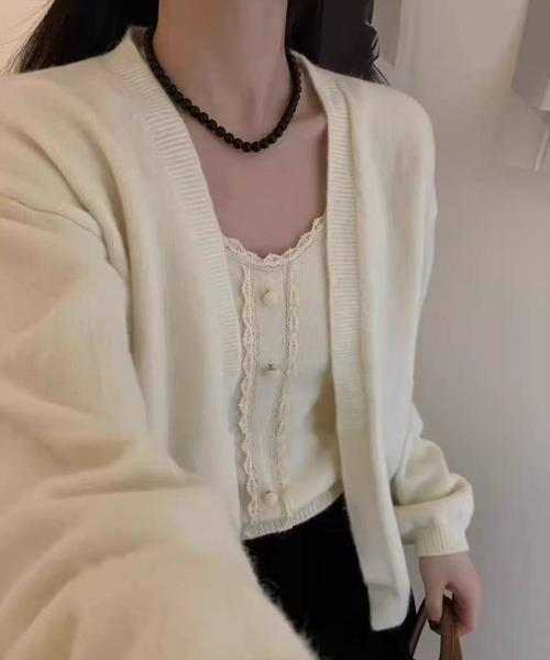 STAY MOTION（ステイモーション）の「【WEB限定】ニットカーディガン+レースキャミアンサンブル［韓国ファッション ガーリー］（カーディガン/ボレロ・レディース・ブラック/アイボリー/グレー・F）」の9枚目の写真