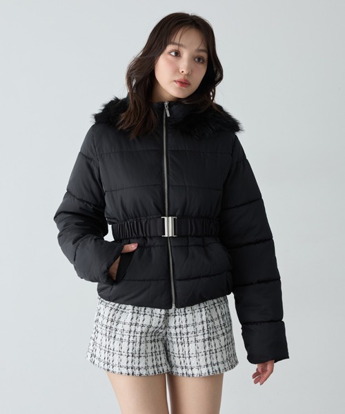 セール】ショート丈ファーフード付ウエストベルトエコダウンコート