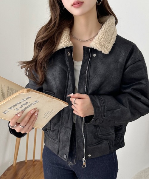 Ada.(エイダ)の「ボア襟 ショート丈 フェイクレザー ブルゾン(ブルゾン・レディース・ブラック/ブラウン・FREE)」の2枚目の写真