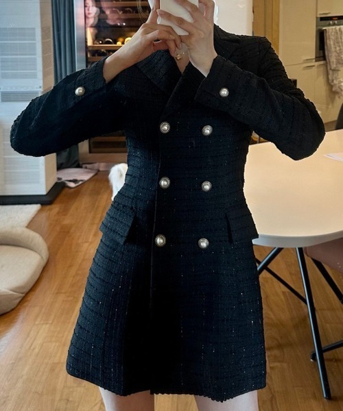 FREE STYLISTS(フリー スタイリスト)の「YUGA_YGMC Tweed double-button dress(ワンピース・レディース・ベージュ/ブラック/ホワイト・S/M)」の1枚目の写真