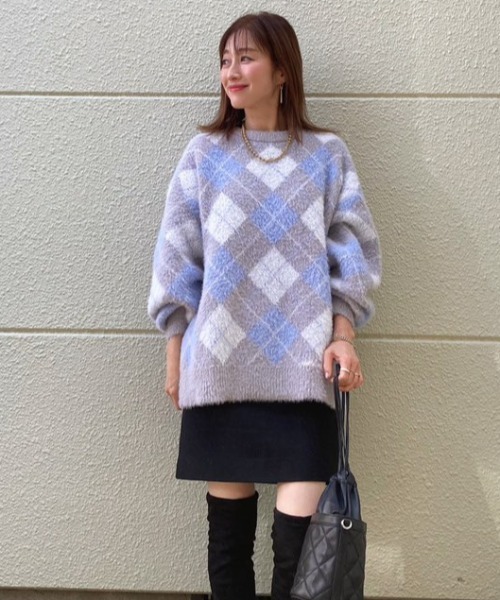 Belle Cie(ベルシー)の「ふわふわドロショルモヘアアーガイルニット(ニット/セーター・レディース・ピンク/ブルー・FREE)」の14枚目の写真