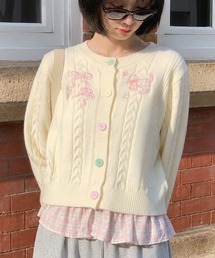 HOOK for girls 刺繍リボン ケーブルニットカーディガン 裾チェック切替 レイヤード風 (AW)