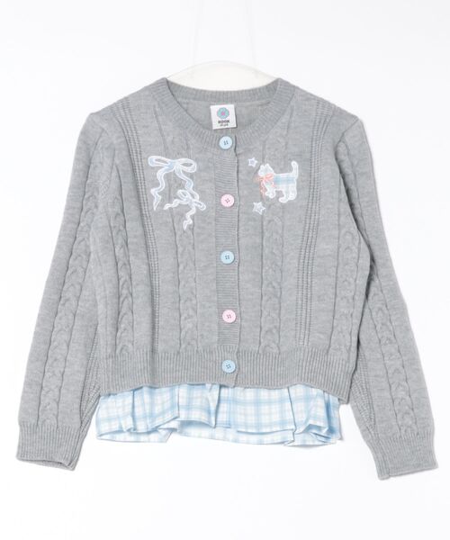 HOOK(フック)の「HOOK for girls 刺繍リボン ケーブルニットカーディガン 裾チェック切替 レイヤード風 (AW)(カーディガン/ボレロ・レディース・グレー/ライトベージュ/ピンク・FREE)」の21枚目の写真