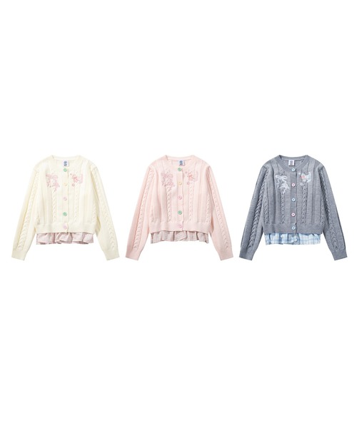 HOOK(フック)の「HOOK for girls 刺繍リボン ケーブルニットカーディガン 裾チェック切替 レイヤード風 (AW)(カーディガン/ボレロ・レディース・グレー/ライトベージュ/ピンク・FREE)」の5枚目の写真