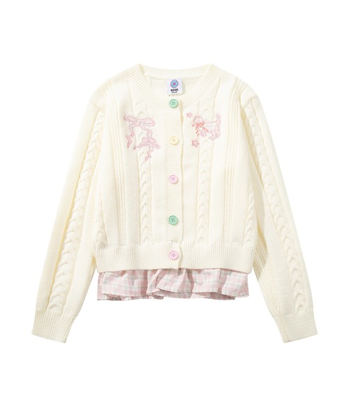 HOOK(フック)の「HOOK for girls 刺繍リボン ケーブルニットカーディガン 裾チェック切替 レイヤード風 (AW)(カーディガン/ボレロ・レディース・グレー/ライトベージュ/ピンク・FREE)」の6枚目の写真