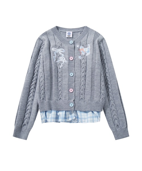 HOOK(フック)の「HOOK for girls 刺繍リボン ケーブルニットカーディガン 裾チェック切替 レイヤード風 (AW)(カーディガン/ボレロ・レディース・グレー/ライトベージュ/ピンク・FREE)」の8枚目の写真