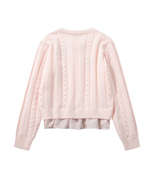 HOOK(フック)の「HOOK for girls 刺繍リボン ケーブルニットカーディガン 裾チェック切替 レイヤード風 (AW)(カーディガン/ボレロ・レディース・グレー/ライトベージュ/ピンク・FREE)」の11枚目の写真