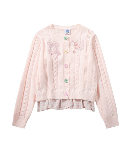 HOOK(フック)の「HOOK for girls 刺繍リボン ケーブルニットカーディガン 裾チェック切替 レイヤード風 (AW)(カーディガン/ボレロ・レディース・グレー/ライトベージュ/ピンク・FREE)」の10枚目の写真